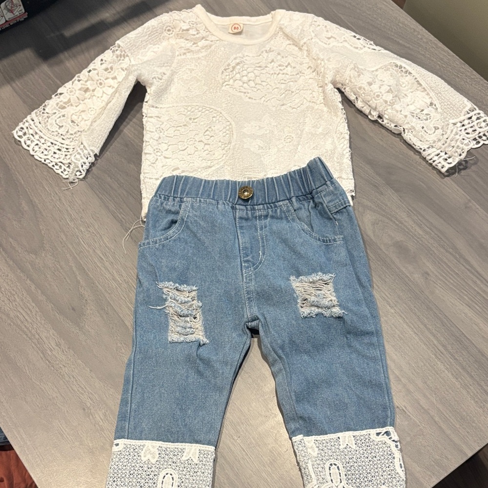 Stylish Kids Denim Pants with Lace Trim